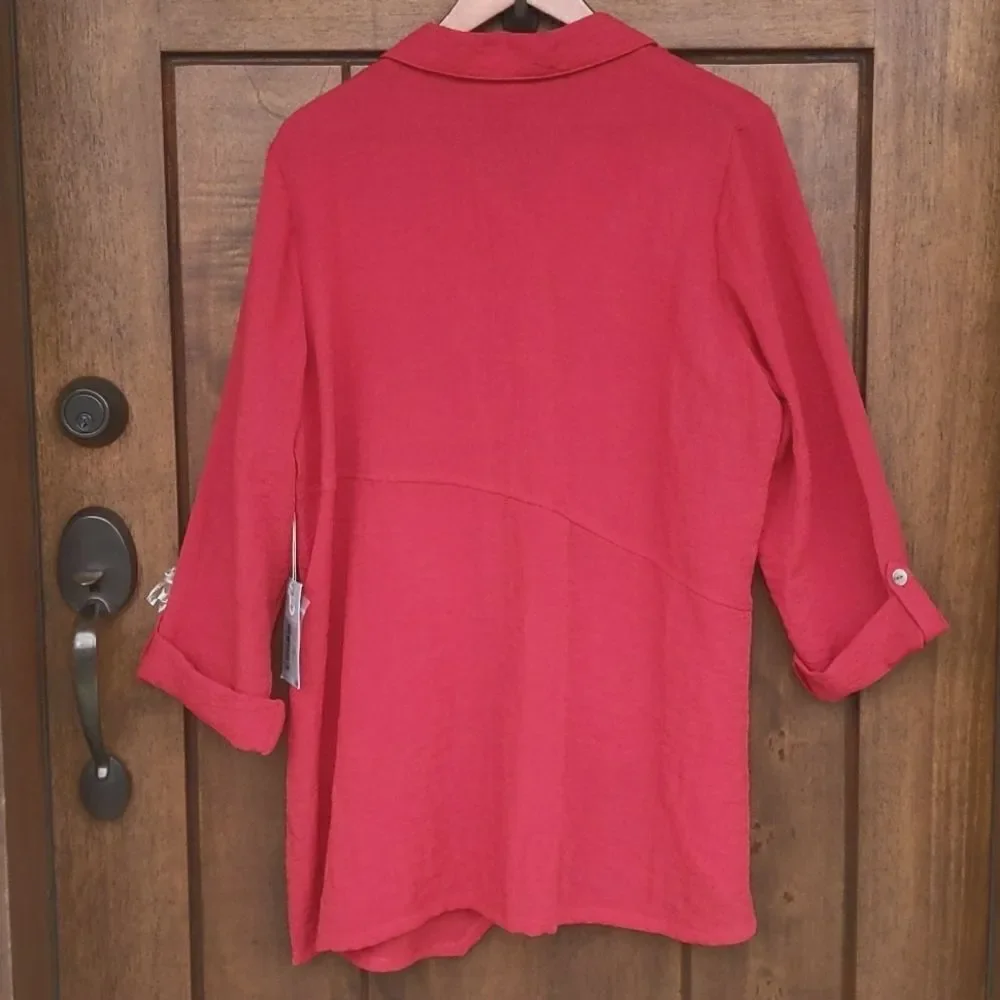 Habitat Red Button Down Top Lagenlook Asymmetric Relaxed‎ Artsy Artisan Style